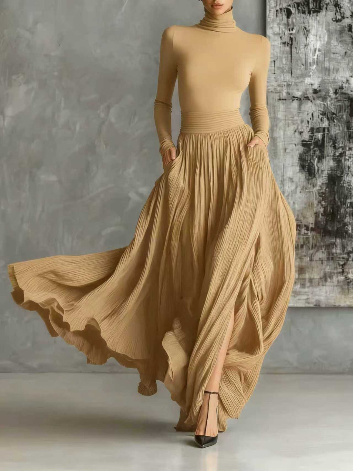 Michela™ - Pleated Skirt and Black Long Sleeve Fitted T-Shirt Set