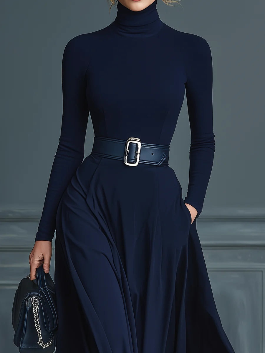 Francesca™ - Dark Blue Knitted Dress with High Neck