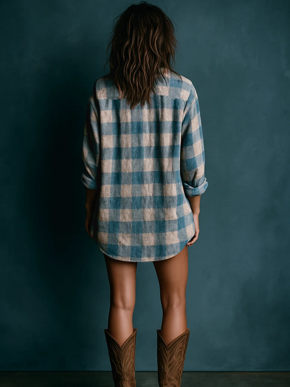 Long Sleeve Mini Dress with Blue and White Plaid Henley Collar