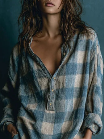 Long Sleeve Mini Dress with Blue and White Checkered Henley Collar