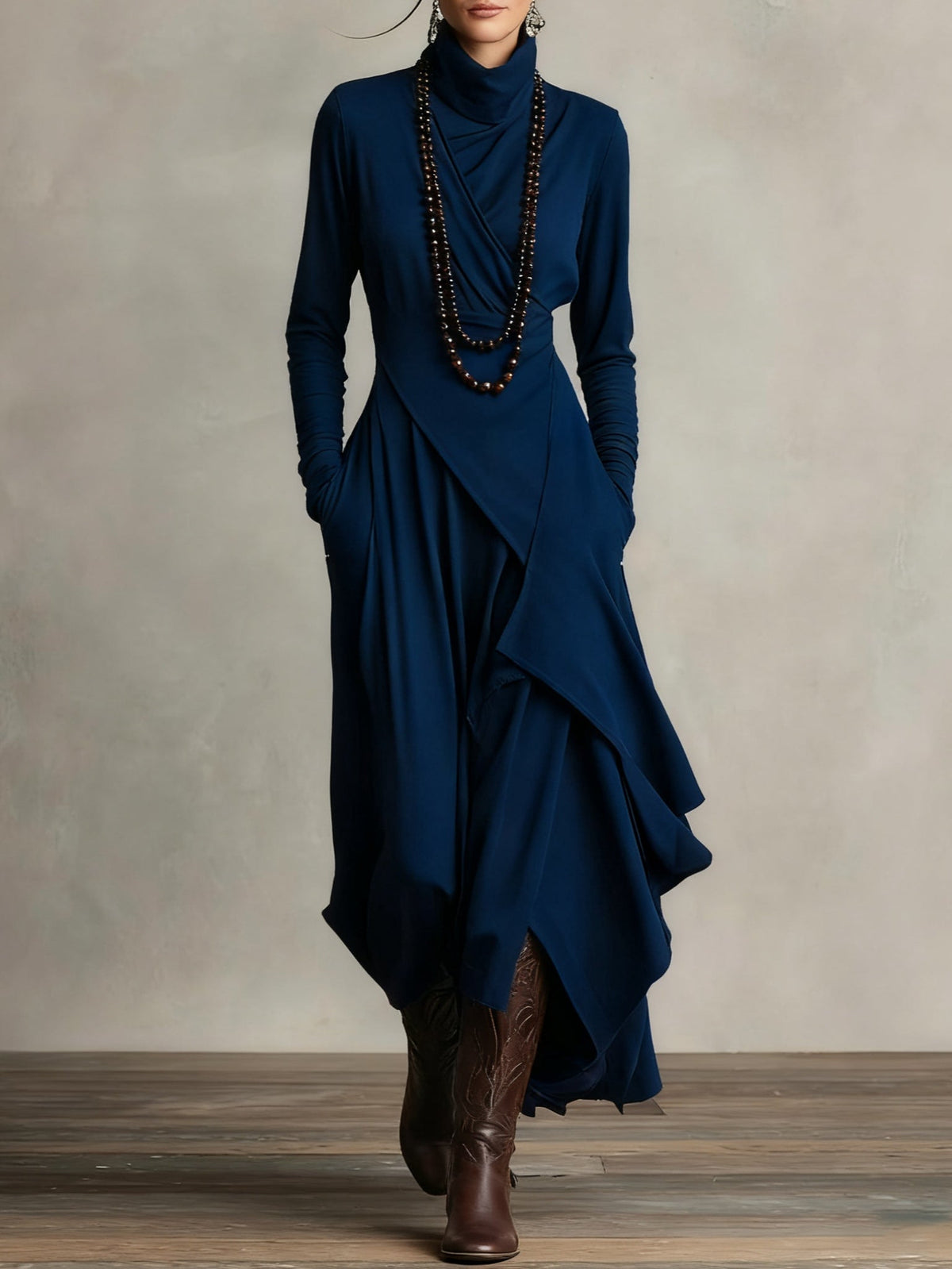Giorgia™ - Asymmetrical Maxi Pleated Dress in Purple with High Neck (Necklace not included)