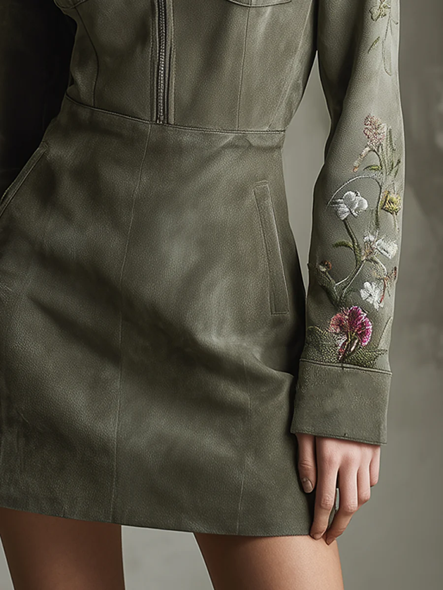 Mini Dress Half Zip in Embroidered Synthetic Suede Green