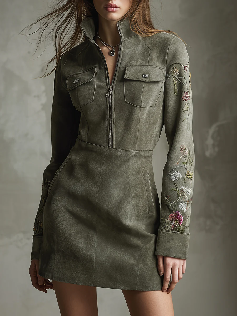 Mini Dress Half Zip in Embroidered Synthetic Suede Green