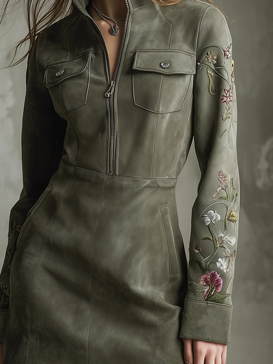 Mini Dress Half Zip in Embroidered Synthetic Suede Green