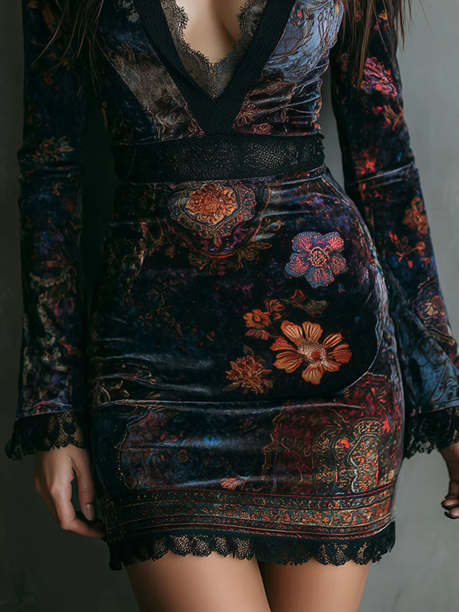 Mini Slim-fit Velvet Dress with Floral Print and Lace