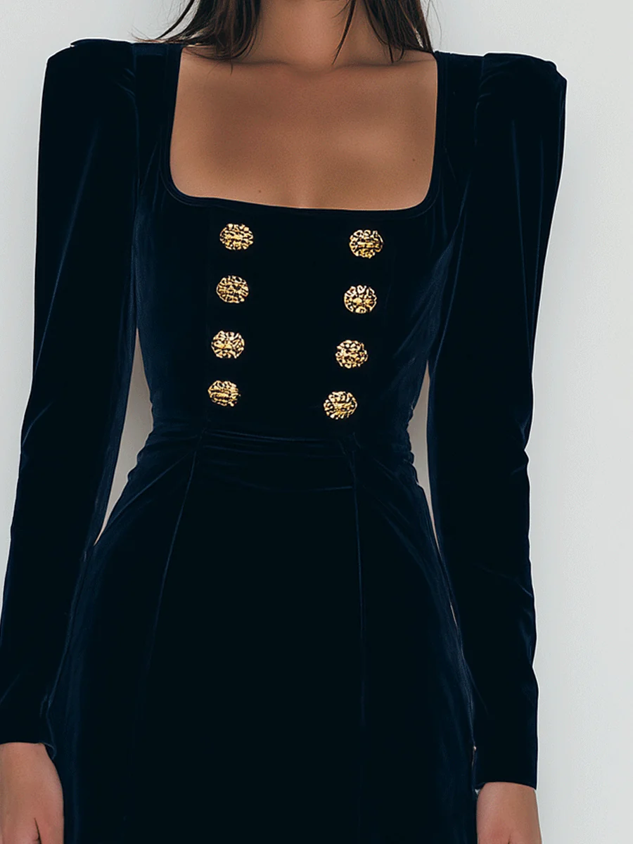 Elegant Navy Blue Velvet Mini Dress with Golden Buttons