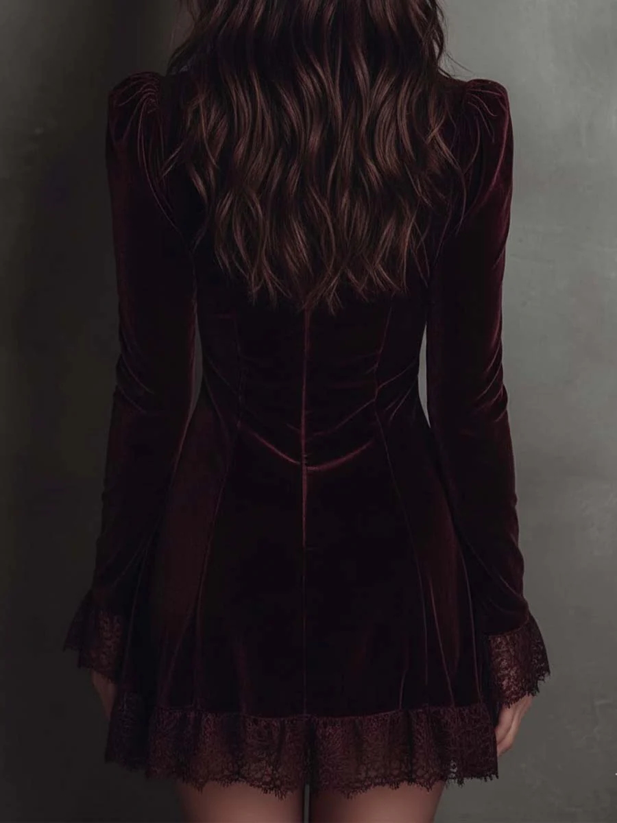 Burgundy Velvet Mini Dress with Lace