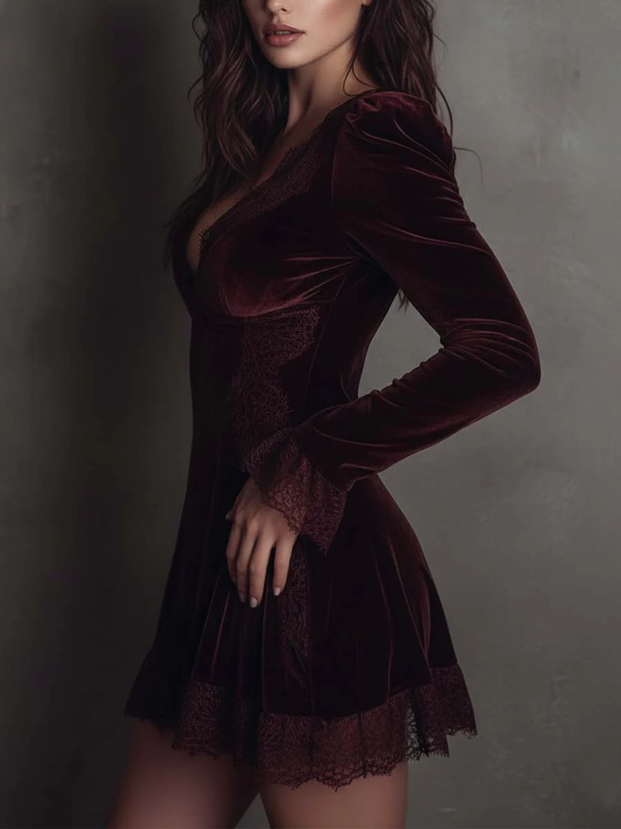 Burgundy Velvet Mini Dress with Lace