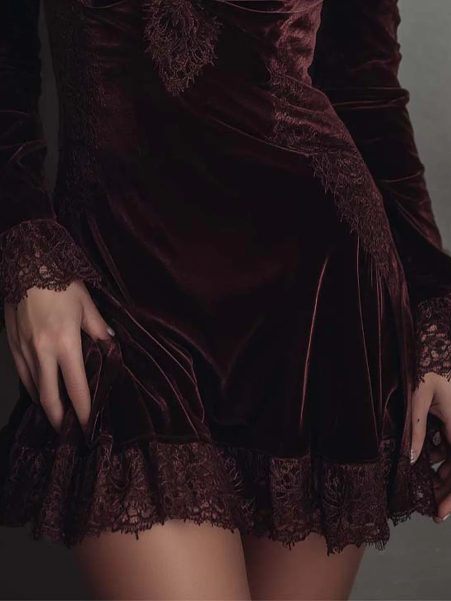 Burgundy Velvet Mini Dress with Lace