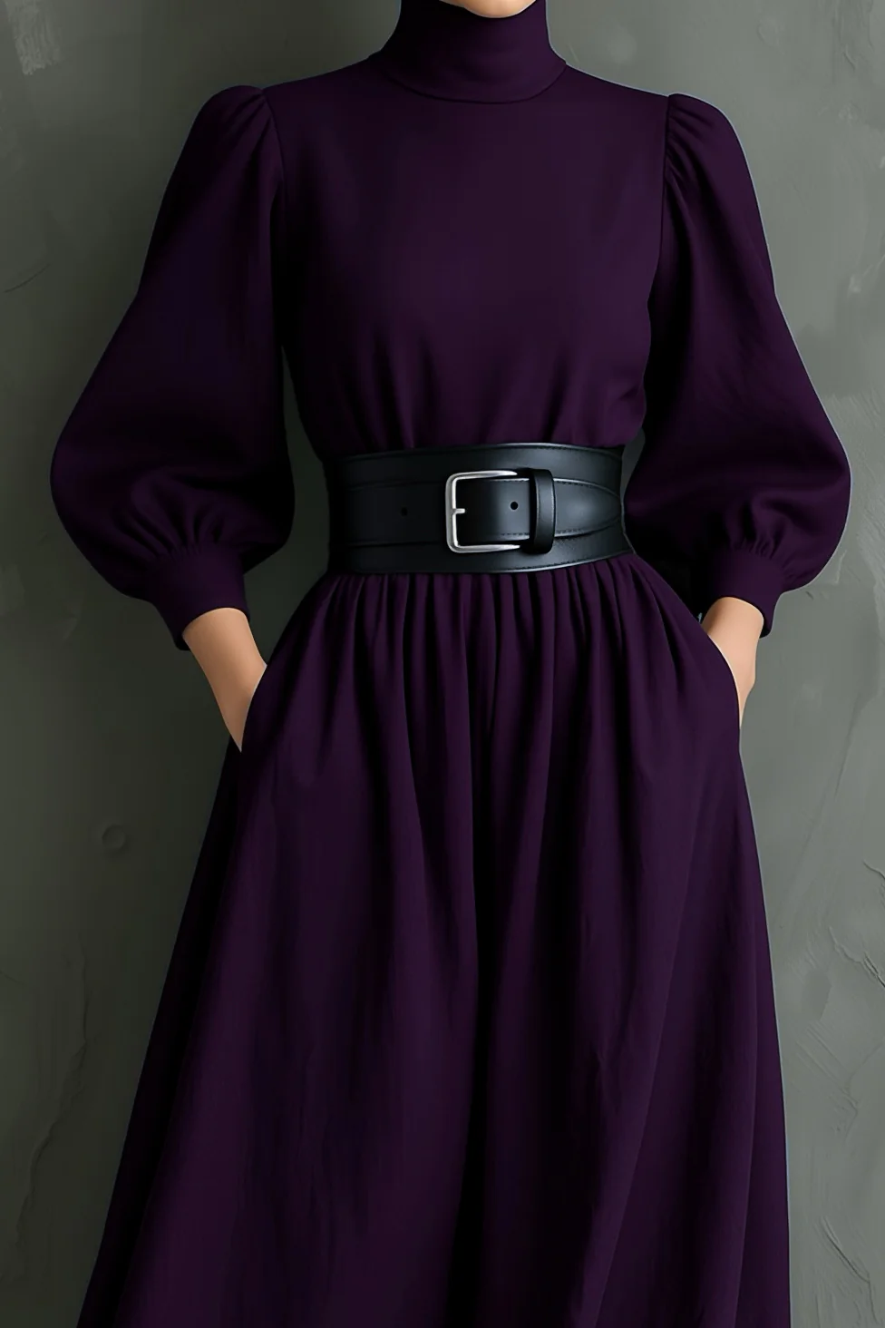 Isabella™ - Elegant long fitted dress with high collar and long sleeves in dark purple (with belt)