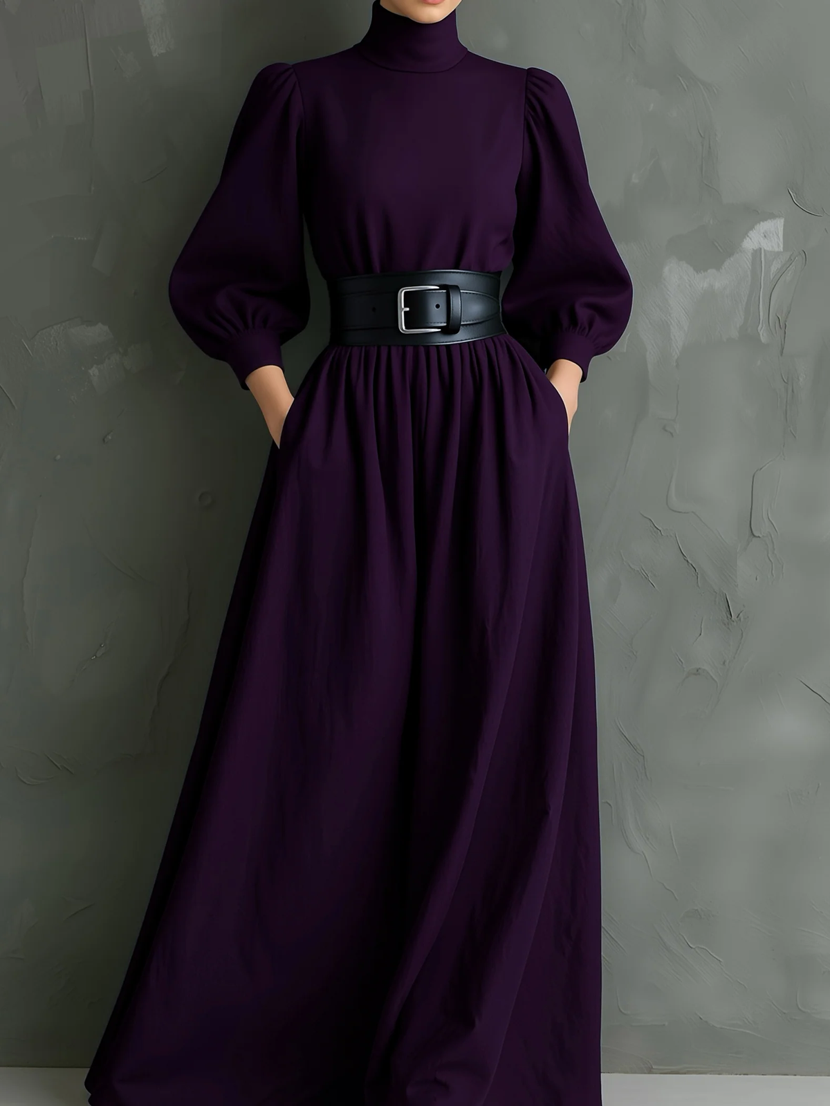 Isabella™ - Elegant long fitted dress with high collar and long sleeves in dark purple (with belt)