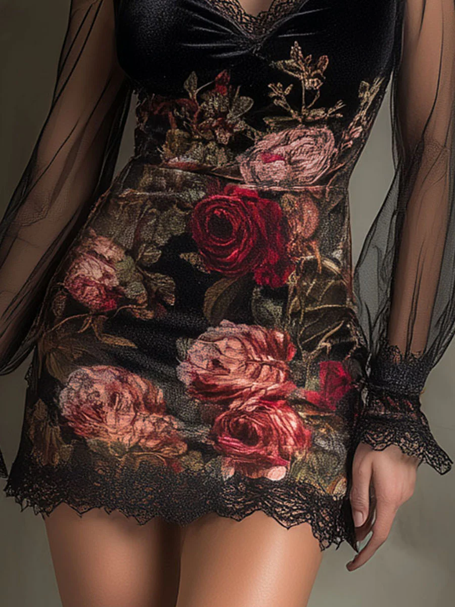 Mini Dress in Tulle with Velvet Rose Print and Lace Trim