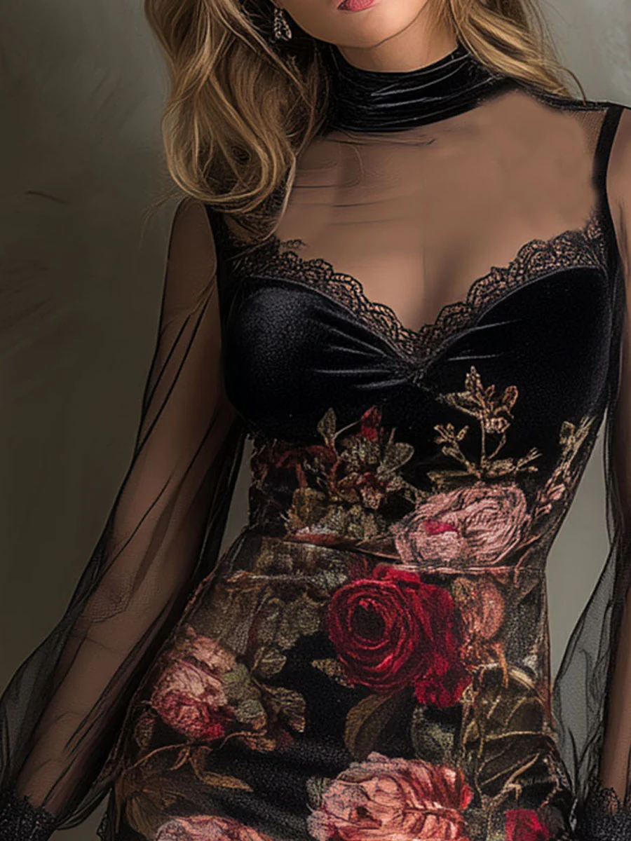 Mini Dress in Tulle with Velvet Rose Print and Lace Trim