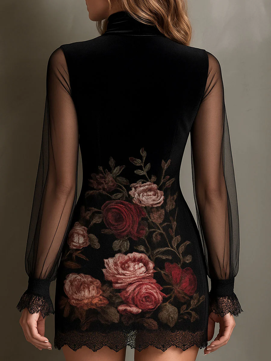Mini Dress in Tulle with Velvet Rose Print and Lace Trim