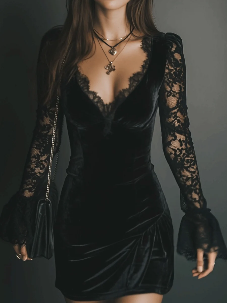 Black Velvet Mini Dress with Bell Sleeves