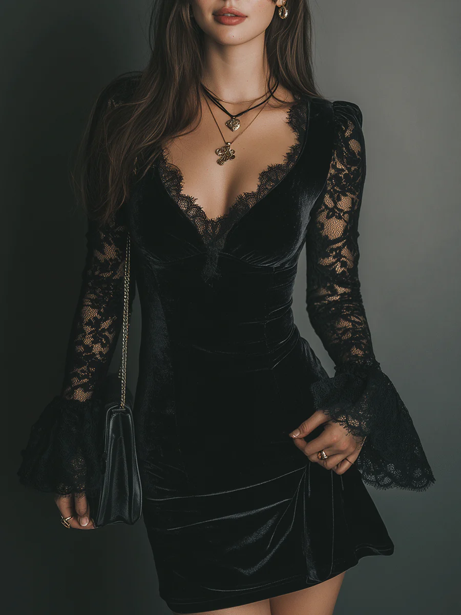 Black Velvet Mini Dress with Bell Sleeves