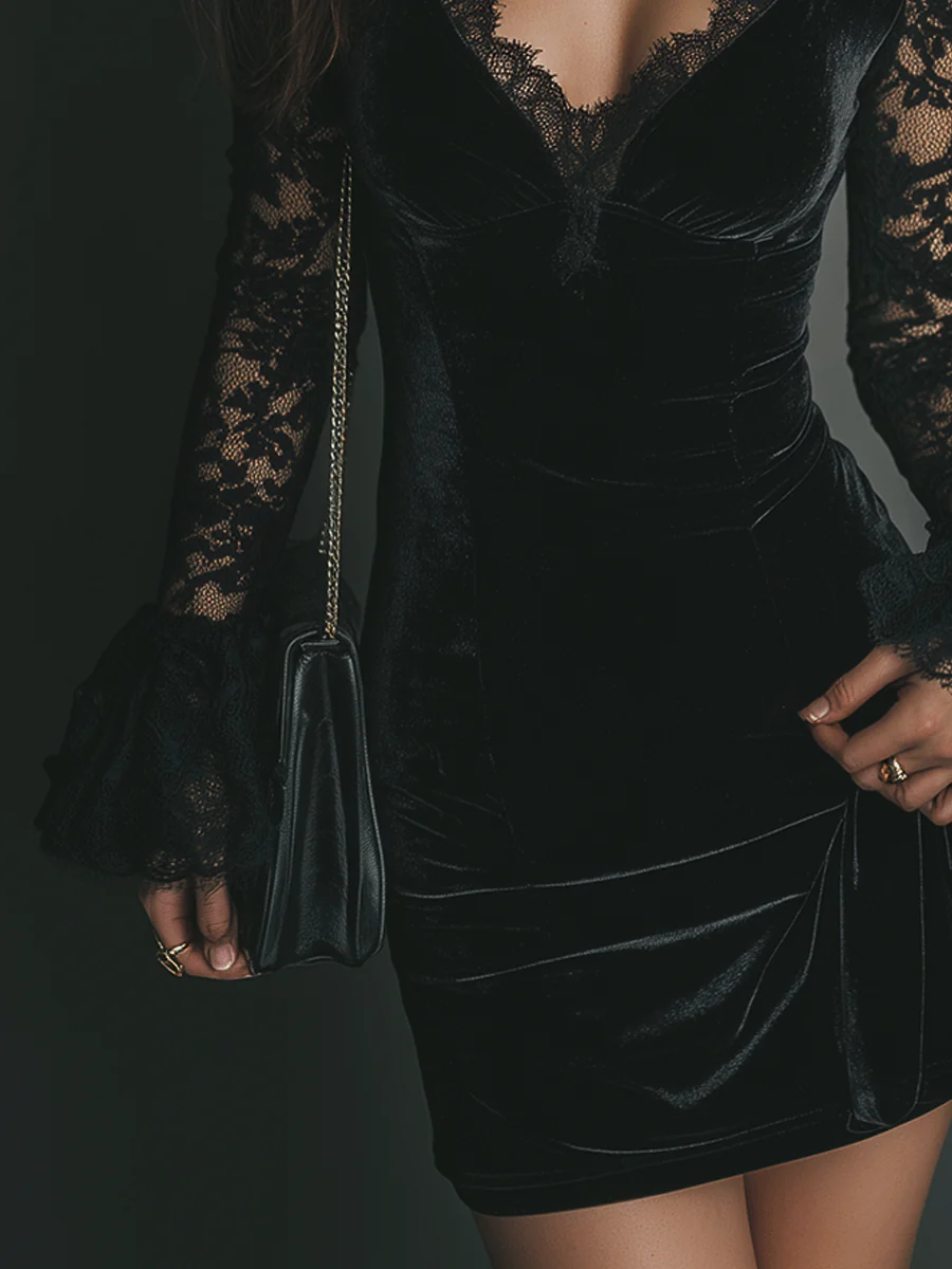 Black Velvet Mini Dress with Bell Sleeves