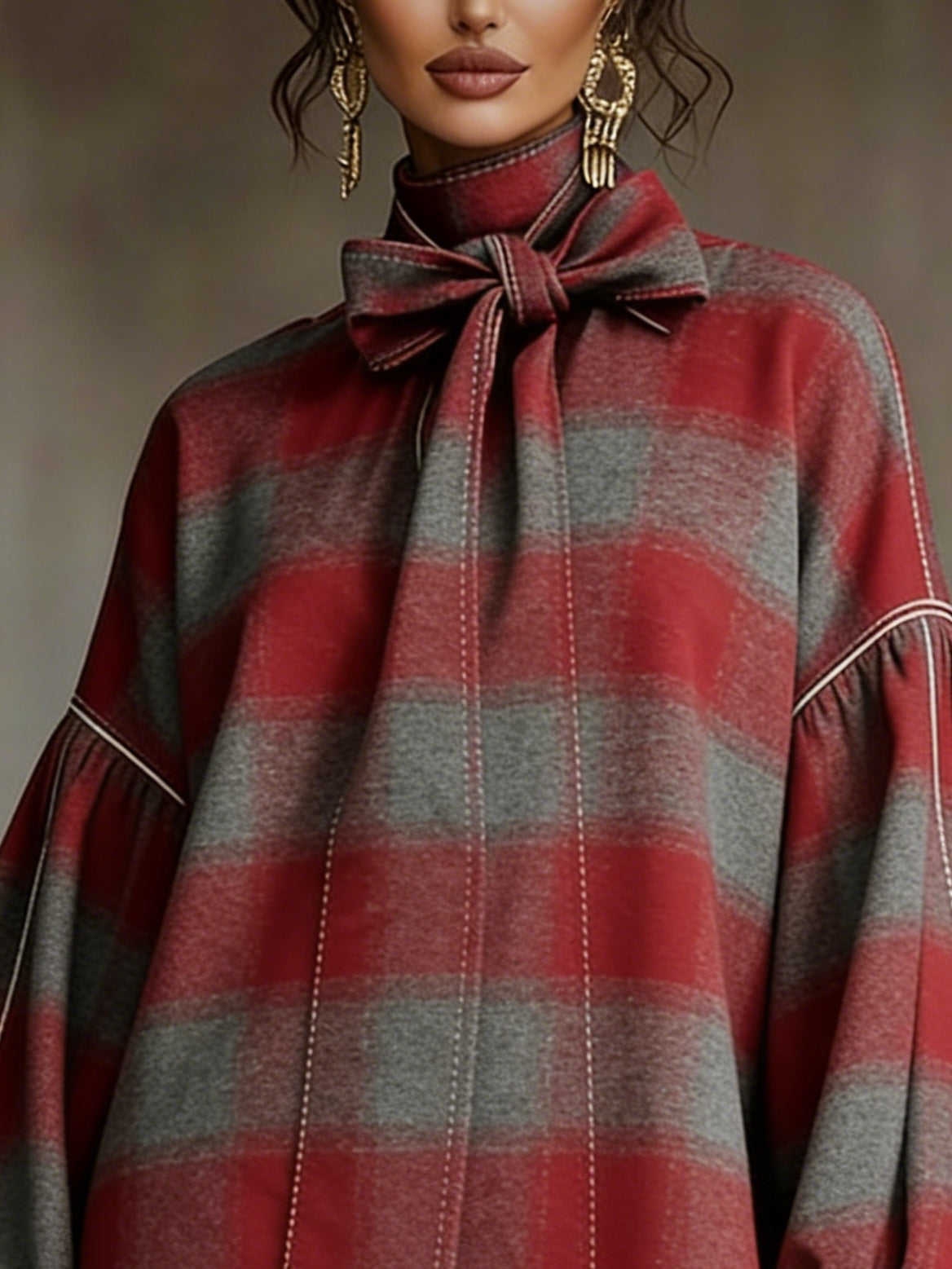 Red and Gray Plaid Lantern Sleeve Mini Dress