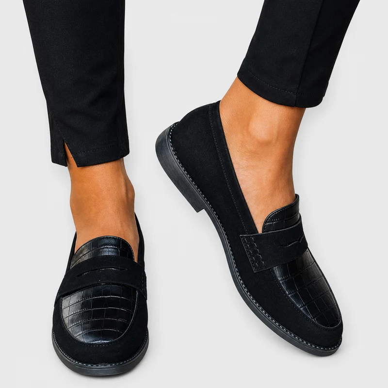 Greta Loafers — Black Penny with Croc-Effect Toe