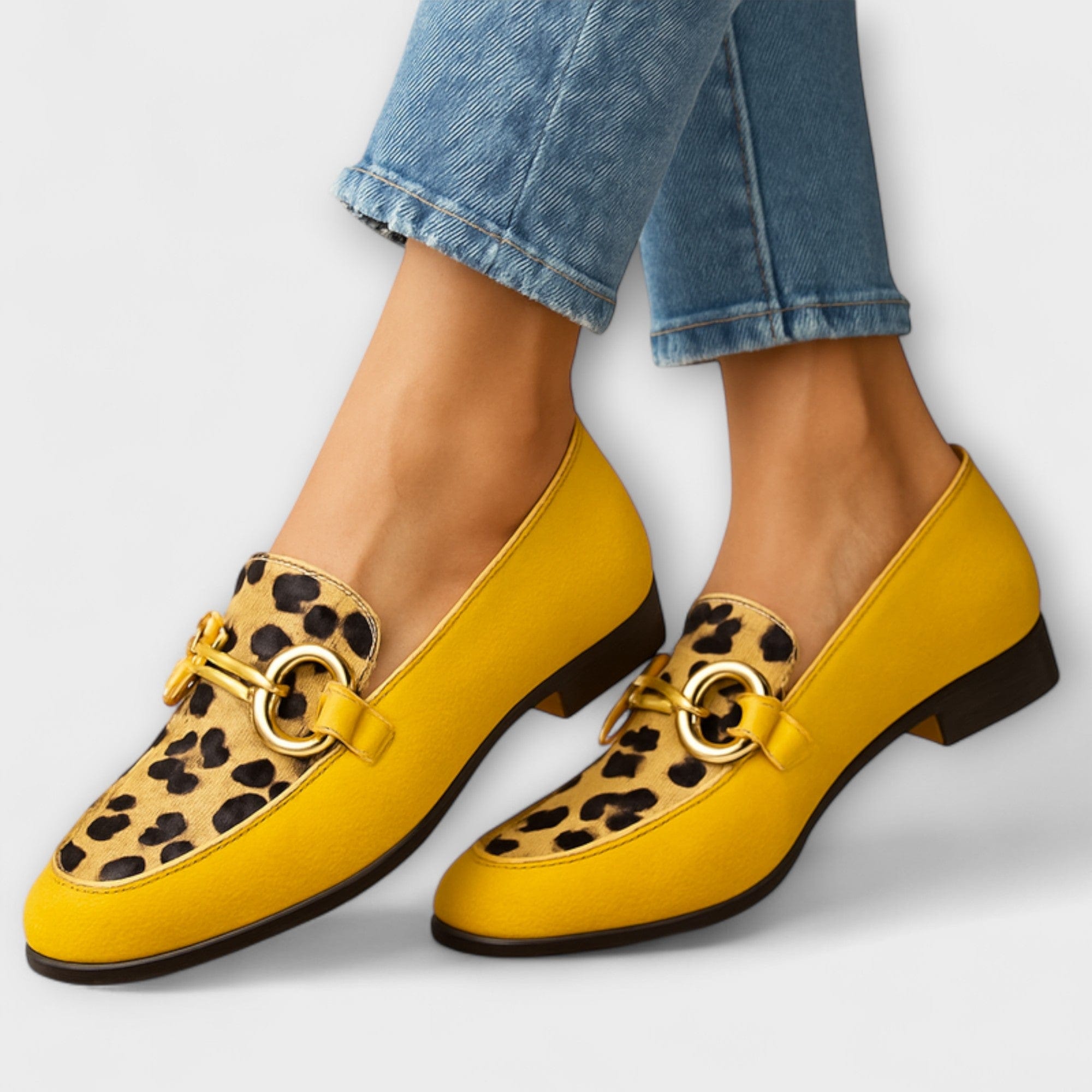 Genevieve | Yellow Leopard Buckle Loafers