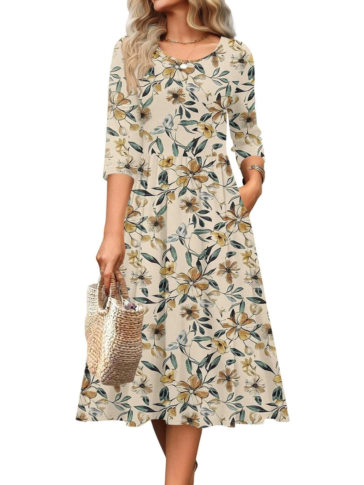 Jesslyn | Flowy A-Line Midi Tshirt Dresses with Pockets
