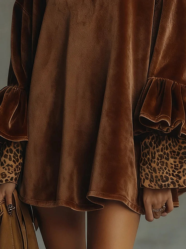 Leopard Print Velvet Mini Dress with Ruffled Sleeves