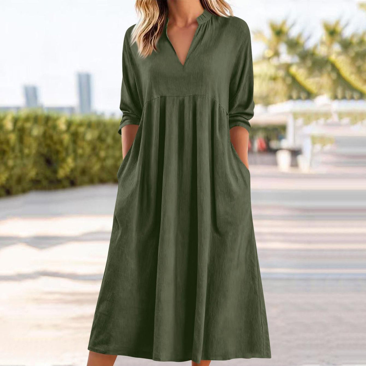 Amber | Elegant Linen Midi Dress with Pockets