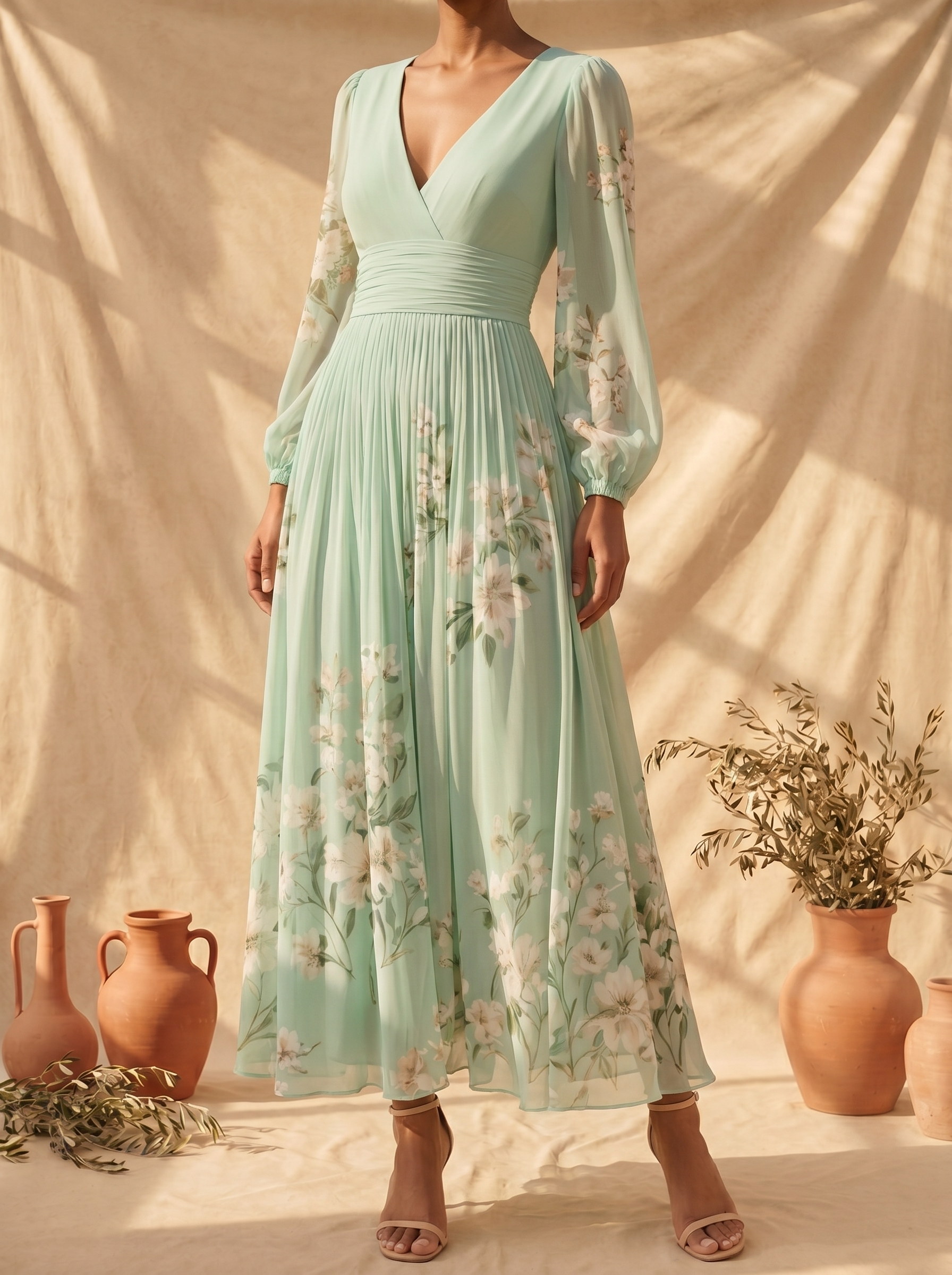 Marisella | Light Green Floral Midi Dress