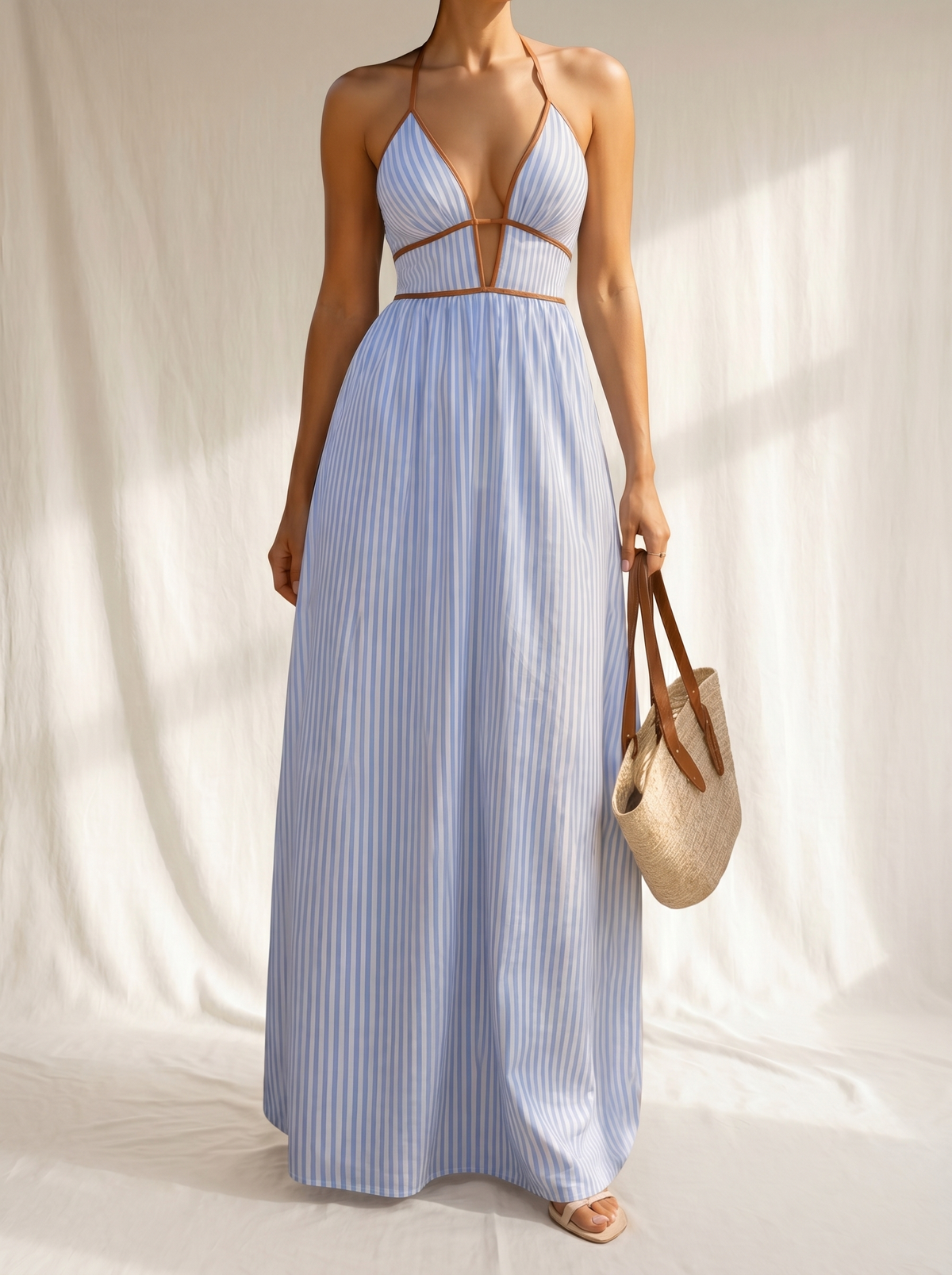 Marina | Long Striped Dress with Cut-out Neckline