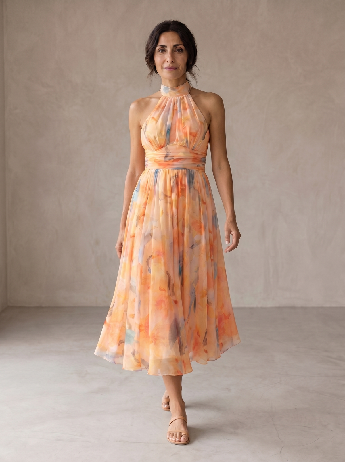 Celeste | Halter Neck Dress with Watercolor Print