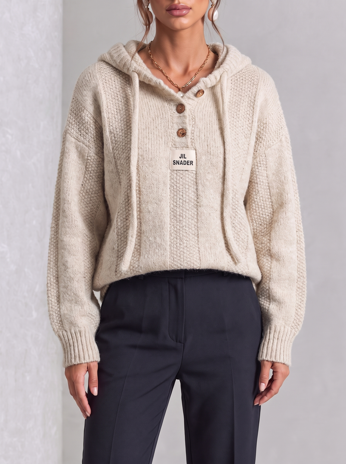 Hazel | Coffee Lace-Up Hooded Knit Top