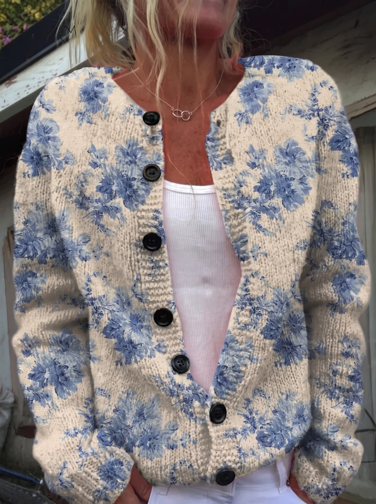 Floral Art Print Buttoned Cardigan - black buttons