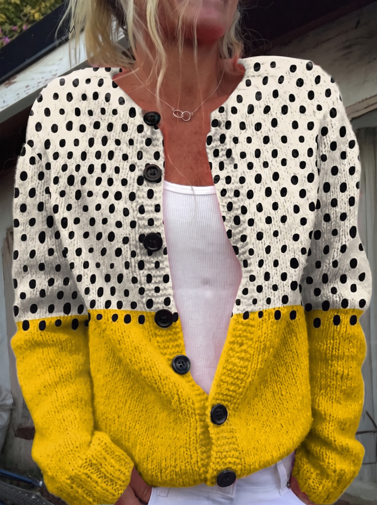 Yellow Polka Dots Print Buttoned Cardigan - black buttons