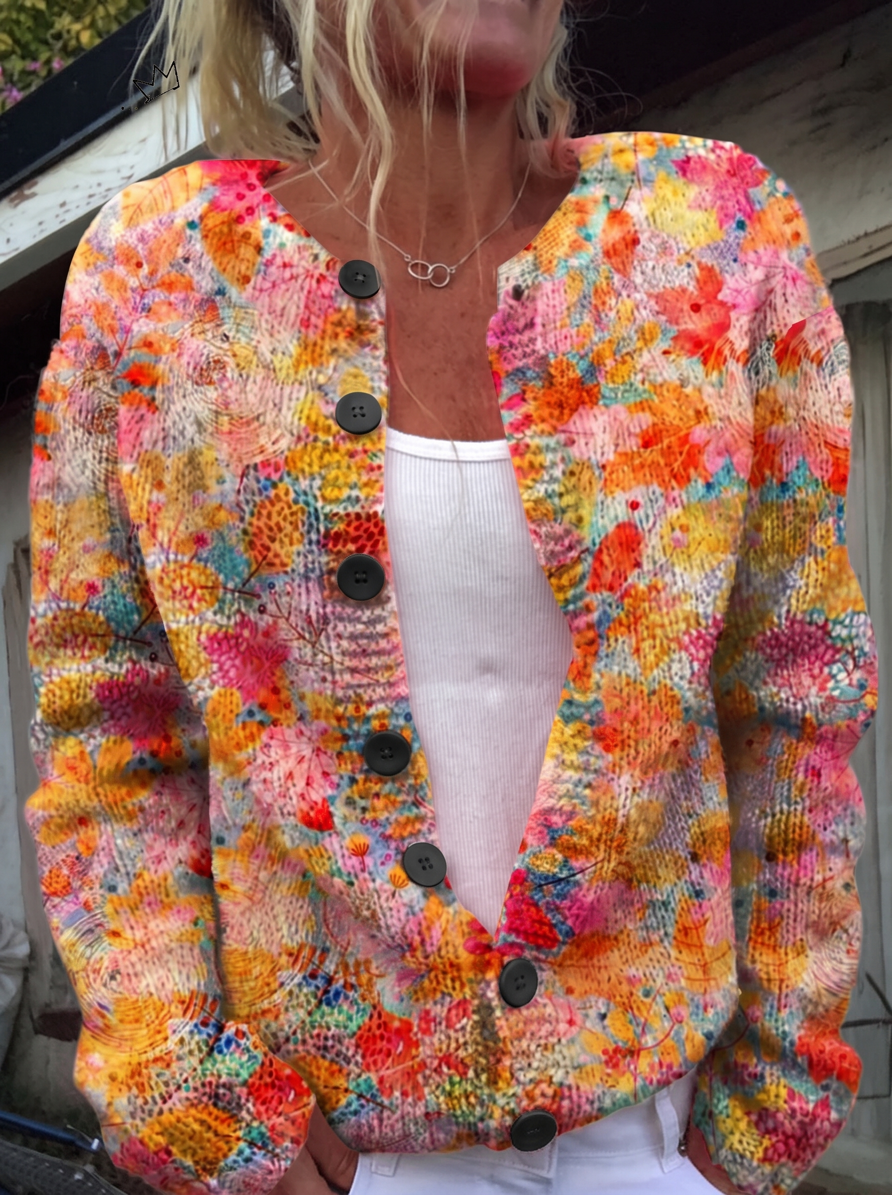 Floral Print Buttoned Casual Cardigan - black buttons