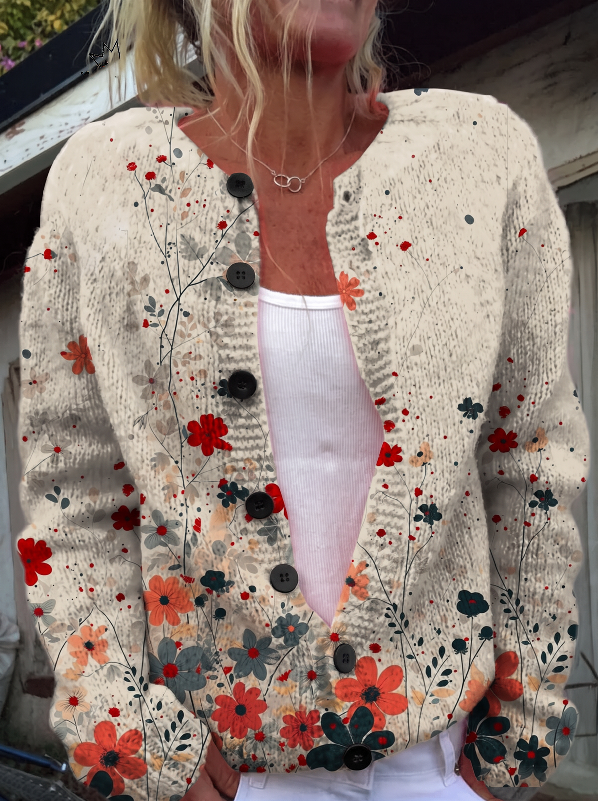Vintage Flower Art Print Buttoned Cardigan - black buttons