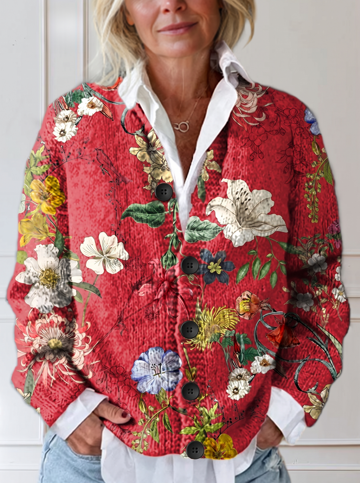 Vintage Floral Art Print Buttoned Cardigan - black buttons