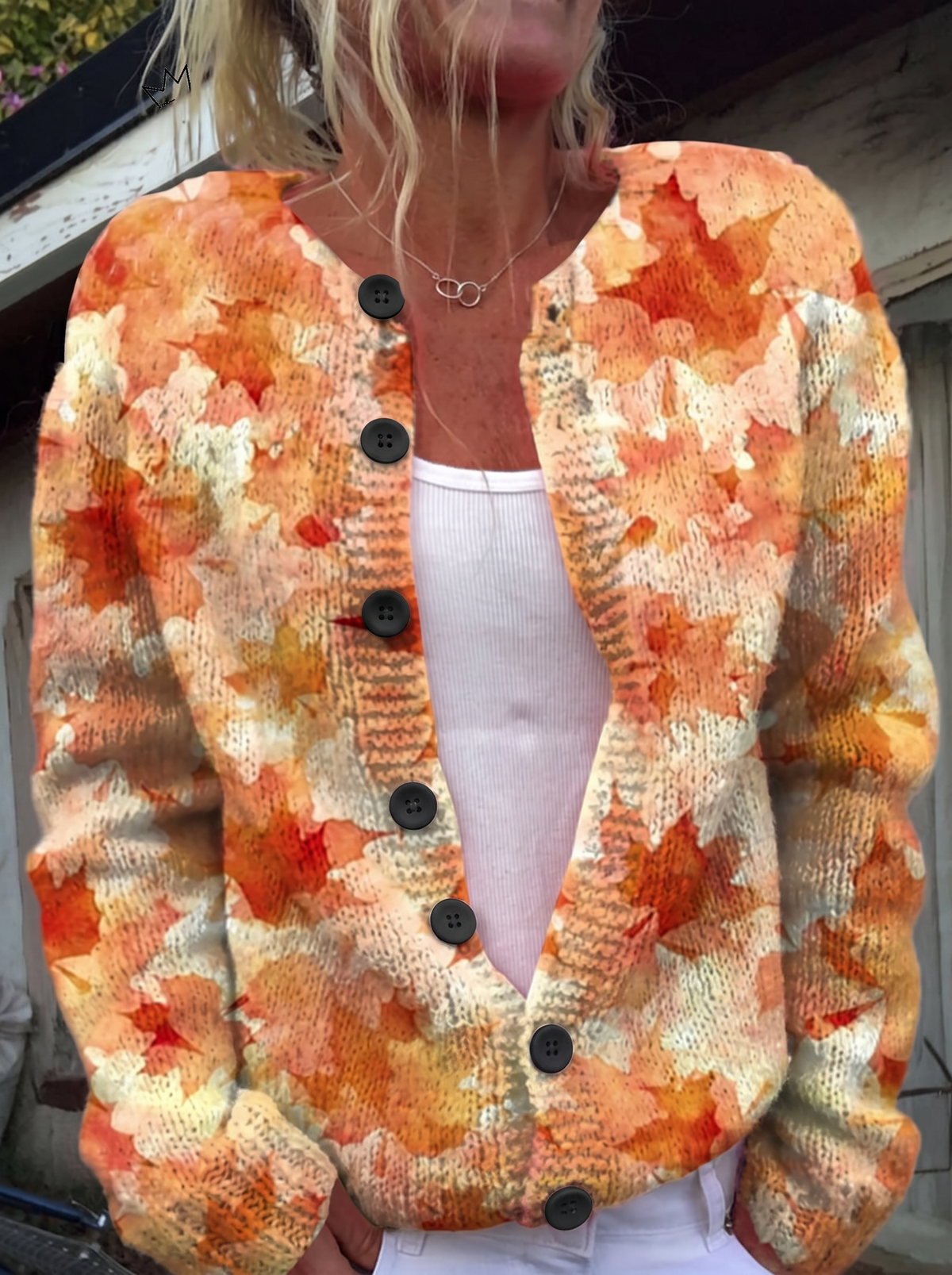 Maple Leaf Autumn Art Print Buttoned Cardigan - black buttons