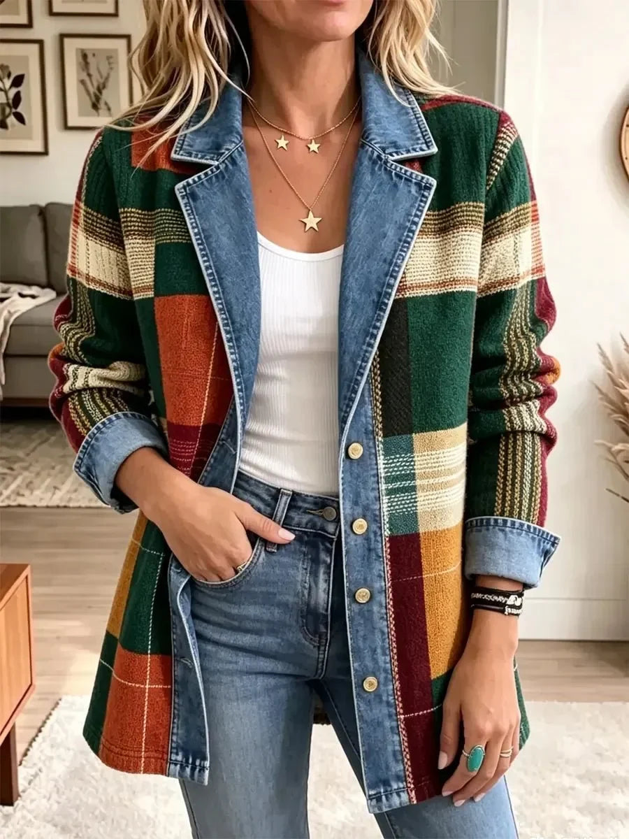 Ella Retro Plaid Pattern Art Casual Denim Jacket