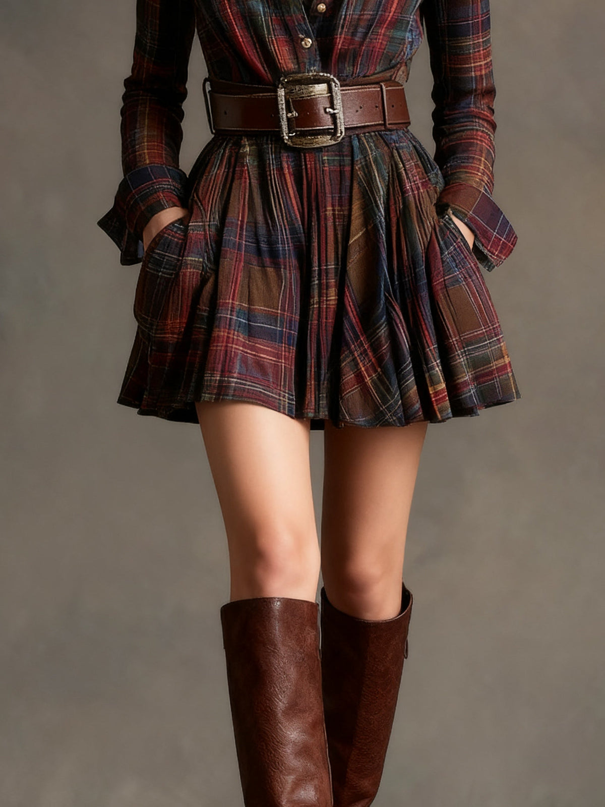 Vintage Mini Dress with Red and Brown Checkered Collar (Includes belt)