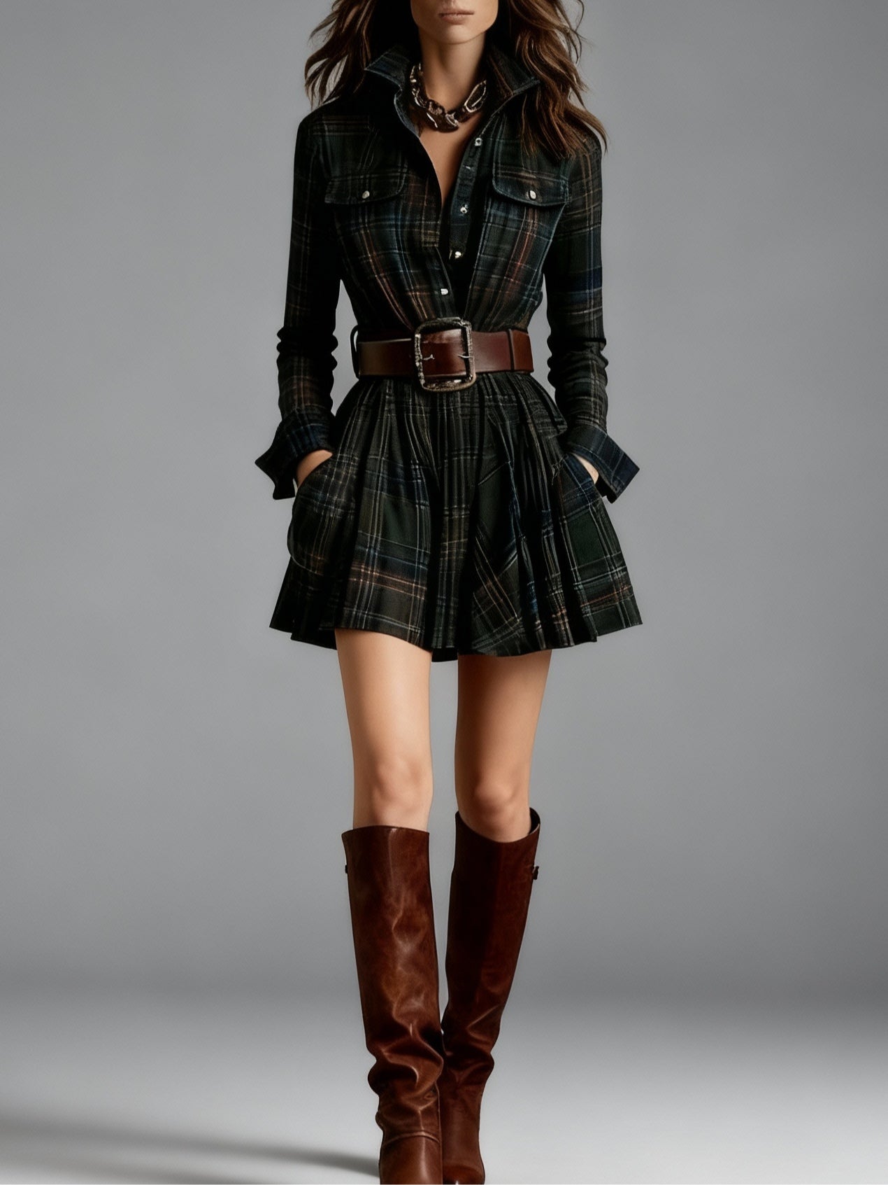 Vintage Mini Dress with Red and Brown Checkered Collar (Includes belt)