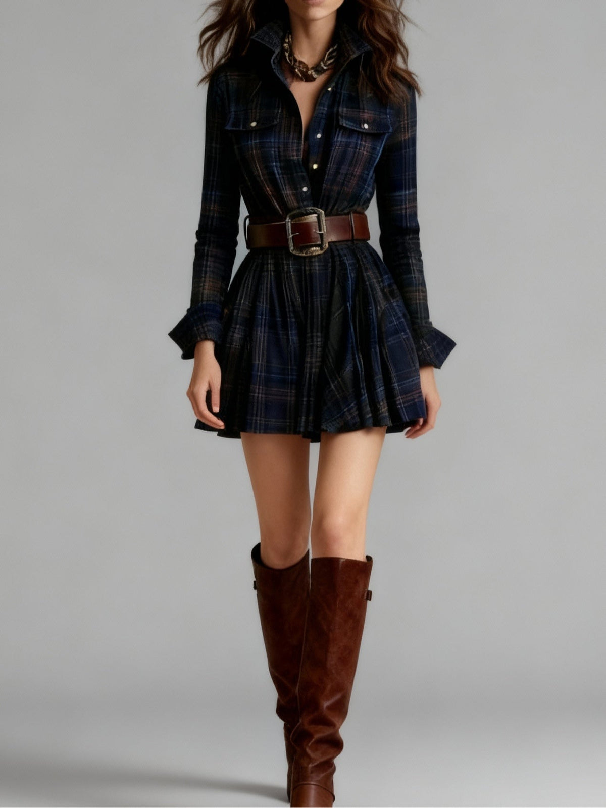 Vintage Mini Dress with Red and Brown Checkered Collar (Includes belt)