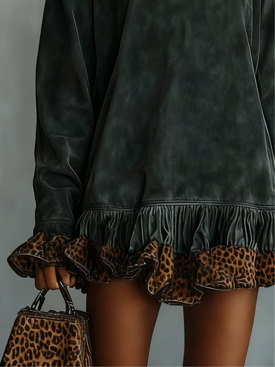 Mini suede dress with leopard print and panel hem