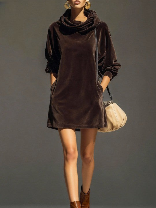 Vintage Brown Velvet Hoodie, Mini Loose Dress
