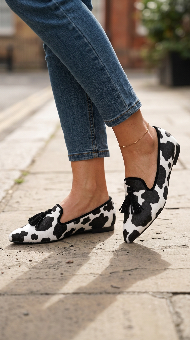 Ginevra Loafers — Cow Print, Black Tassels
