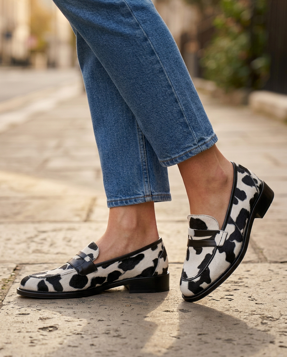 Nives Loafers — Cow Print Penny Loafer