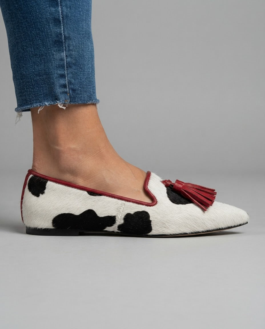 Ginevra Loafers — Cow Print, Red Tassels