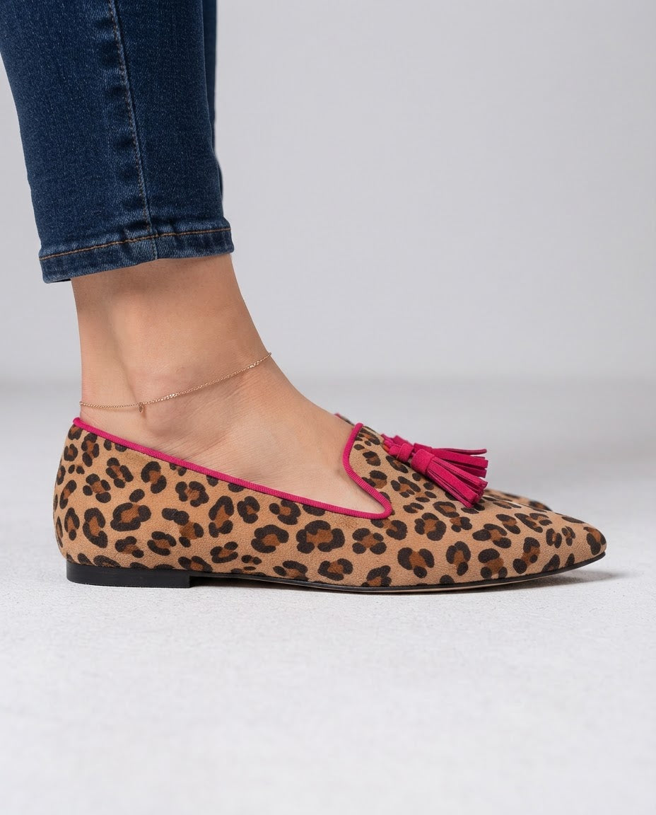Ginevra Loafers — Suede Leopard Print, Fuchsia Tassels