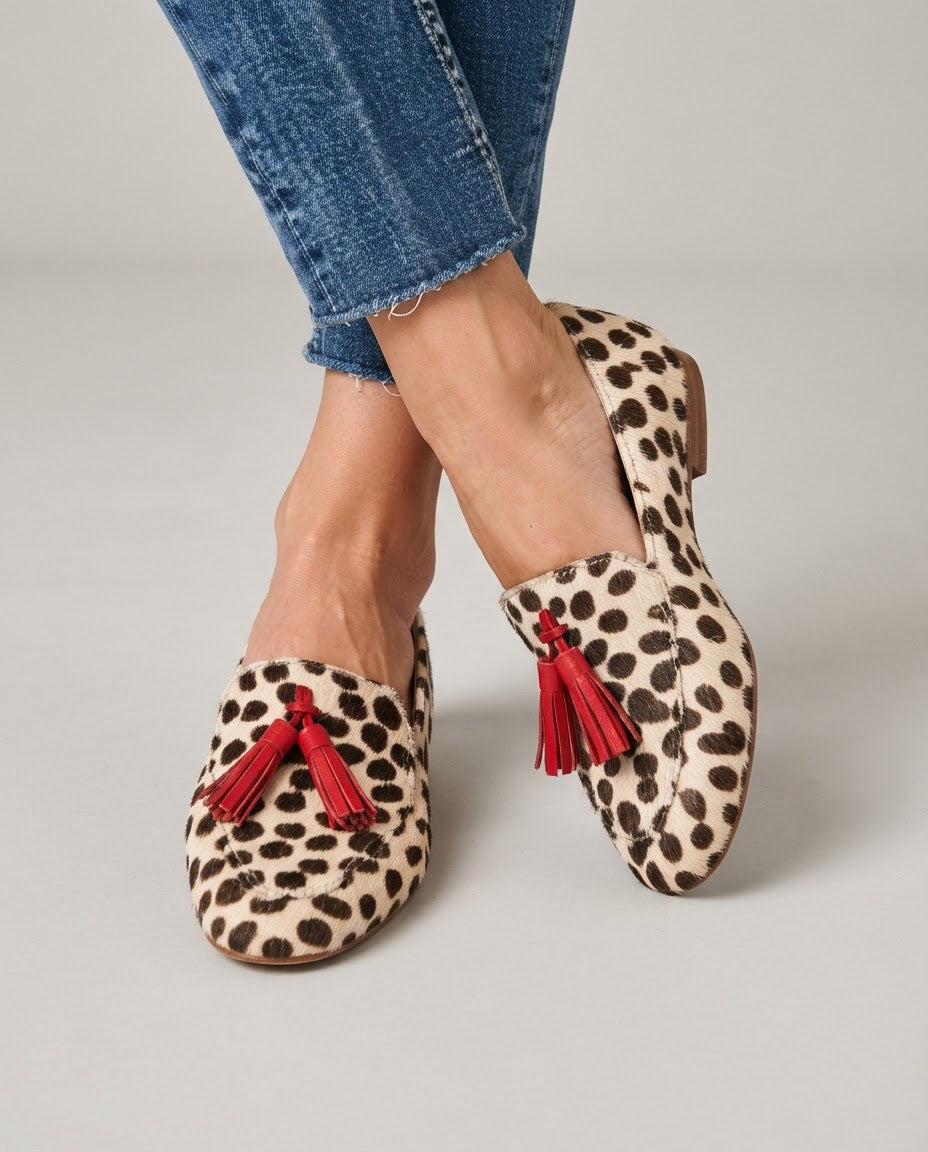 Aurora Loafers — Cream Polka Dot, Red Tassels