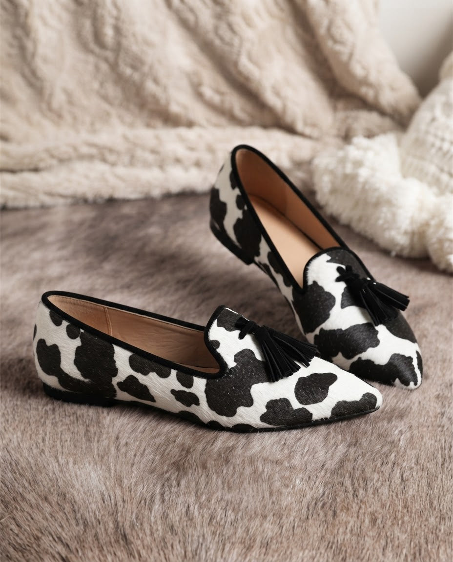 Ginevra Loafers — Cow Print, Black Tassels