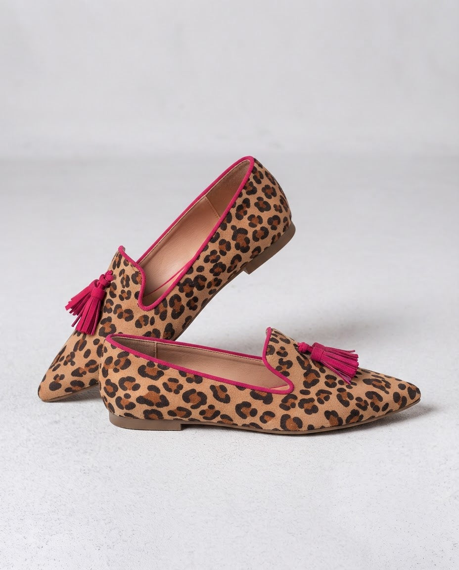 Ginevra Loafers — Suede Leopard Print, Fuchsia Tassels